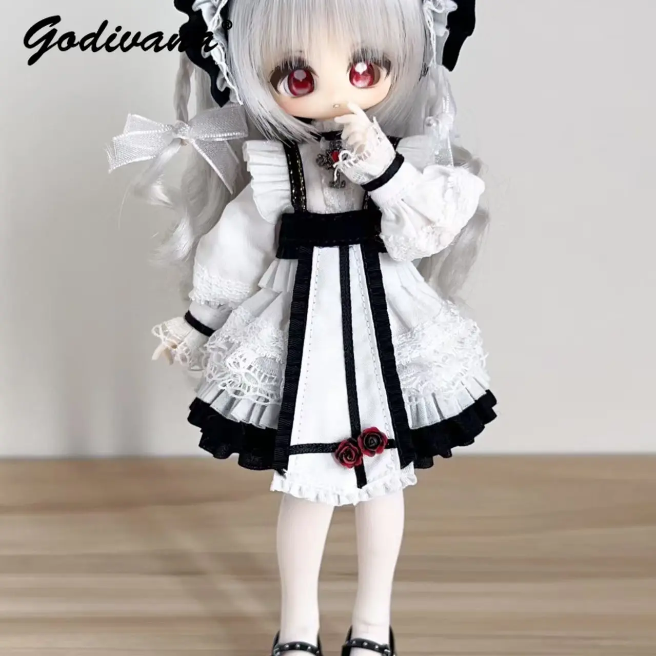BJD Doll Outfit Black White Gothic Maid Lolita Dress Vintage Lace Ruffled Trim Puff Sleeve Rose Decor Clothes for 1/4 BJD Doll