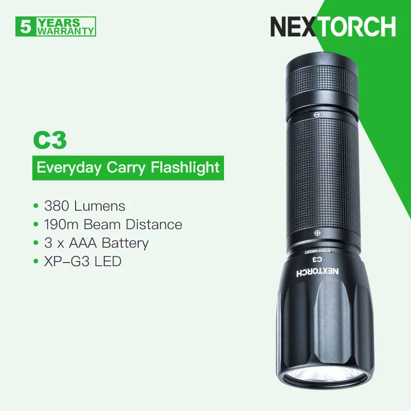 Nextorch C3 Everyday Carry Flashlight for Camping, Hiking, Fishing,Etc. 380 Lumens,High-Quality Texture And Hand Feel,Waterproof