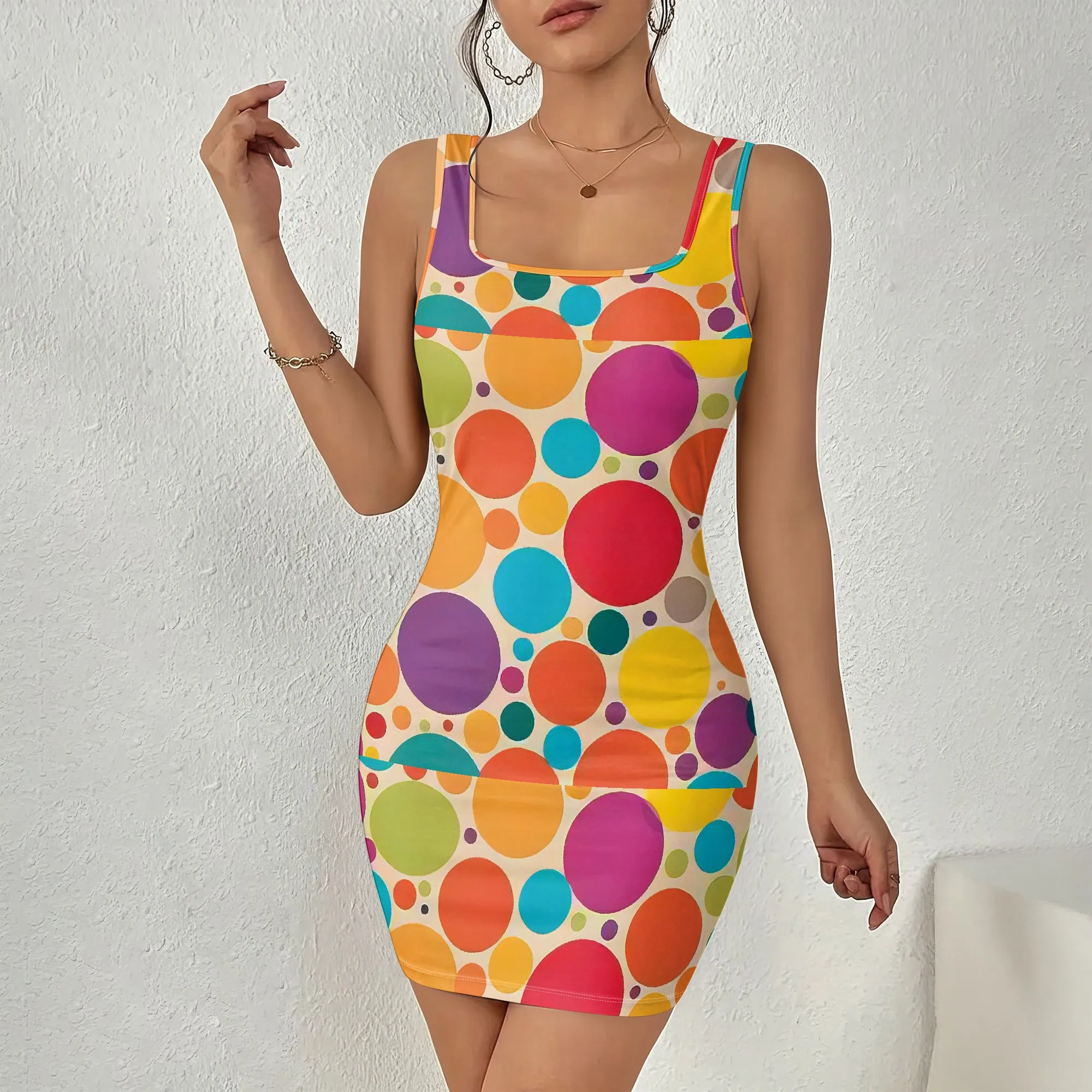 

Vibrant Dots Dress, Colorful Bubble Print Bodycon, Rainbow Polka Dot Mini, Summer Party Wear for Women, S-2XL