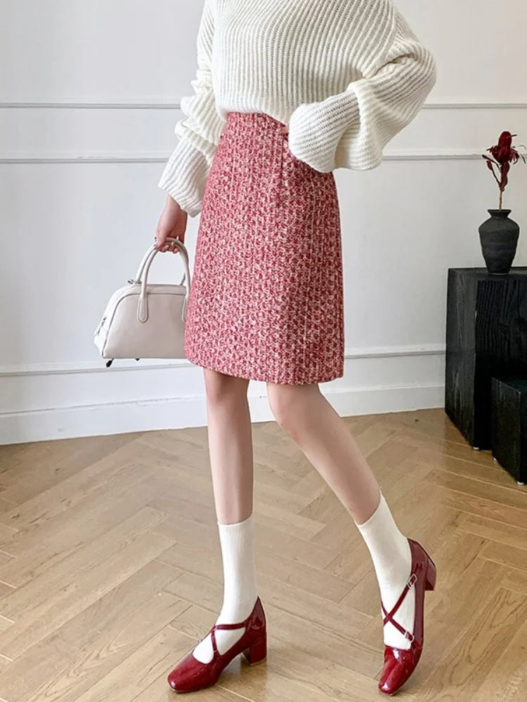 SMTHMA Small Fragrance Style Woolen Skirt New Autumn Winter Retro Plaid High Waist Short Skirt A-line Mid Length Tweed Skirt