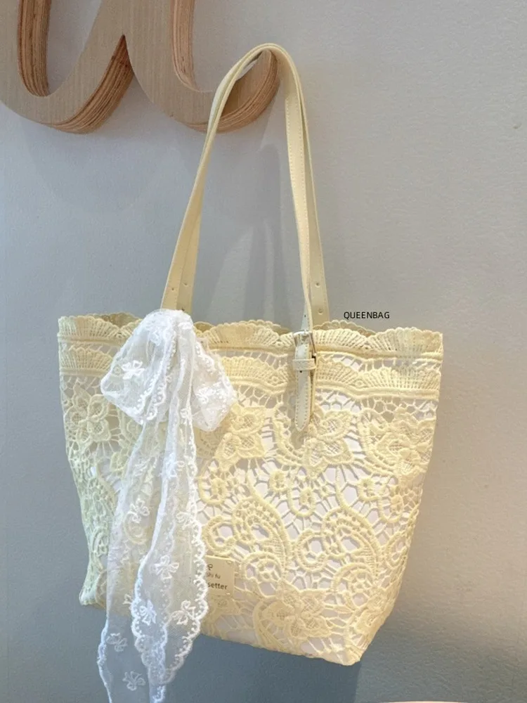 NOVEDAD DE VERANO 2021, bolso de mano de encaje de gran capacidad, bolso de mano tejido con lazo de encaje para mujer, mochila de moda para vacaciones en la playa para niña