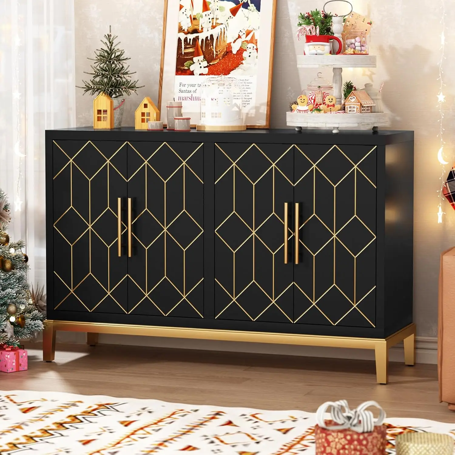 Accent Cabinet 4 Doors & Shelves, Gold Trim Sideboard, Black Storage for Living Room Entryway Kitchen Dining Hallway, Customized