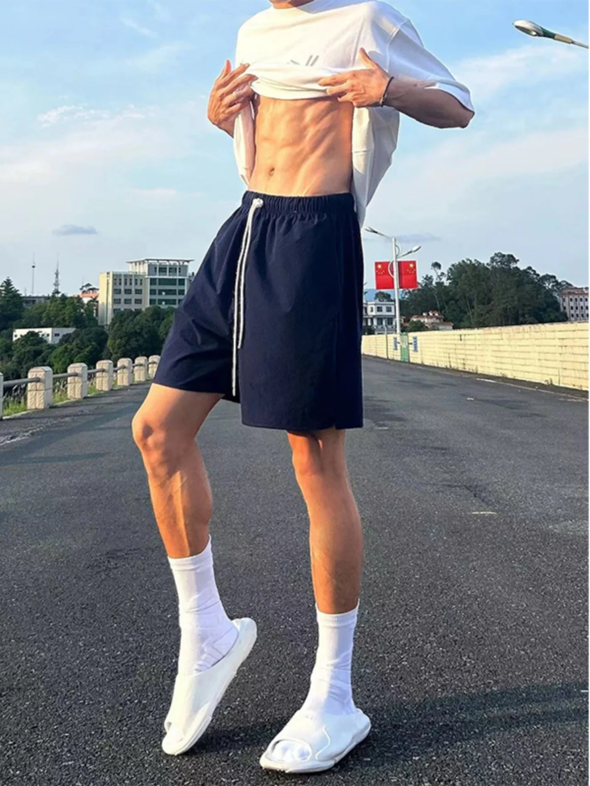 

Trendy Spor Blue orts for Men Summer American High Street Beach Five-Part Thin Qui Dry Loose Pants Low Waist Straight Leg