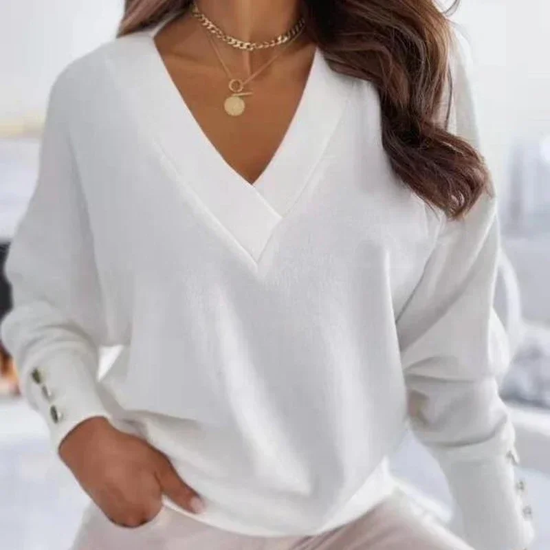 New Loose Pullover Cotton Women’s Blouse V-neck Casual Women Shirts Loose Office Lady Tops Autumn Woman Clothes 12827