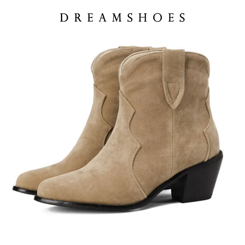 

Autumn Cow Suede Women Boots Pointed Toe Chunky Heel Boots for Women Fashion Short Boots Winter Boots Women Western Boots