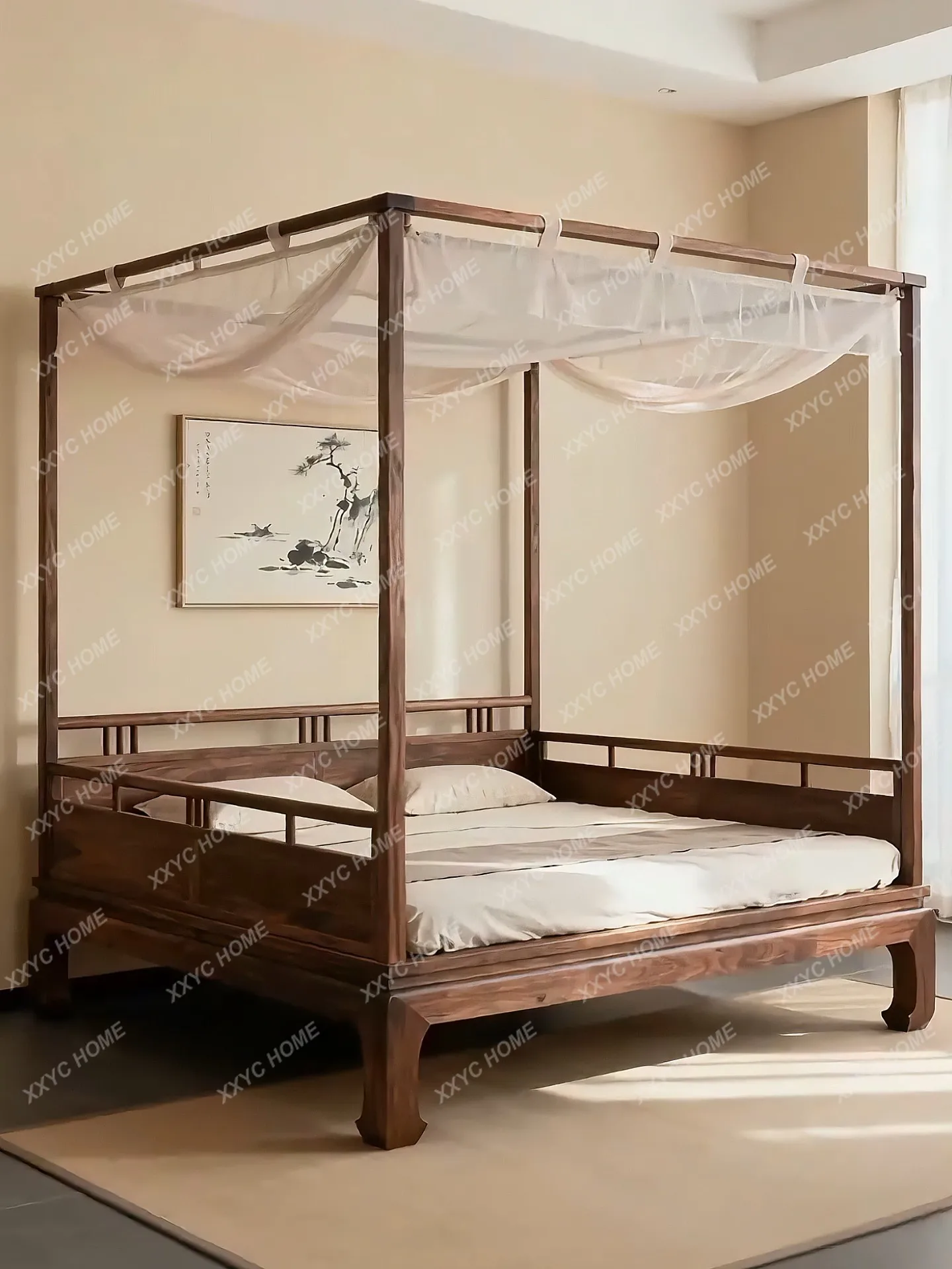 New Chinese-style North American black walnut shelf bed minimalist pullout bed bedroom double solid wood four-poster bed