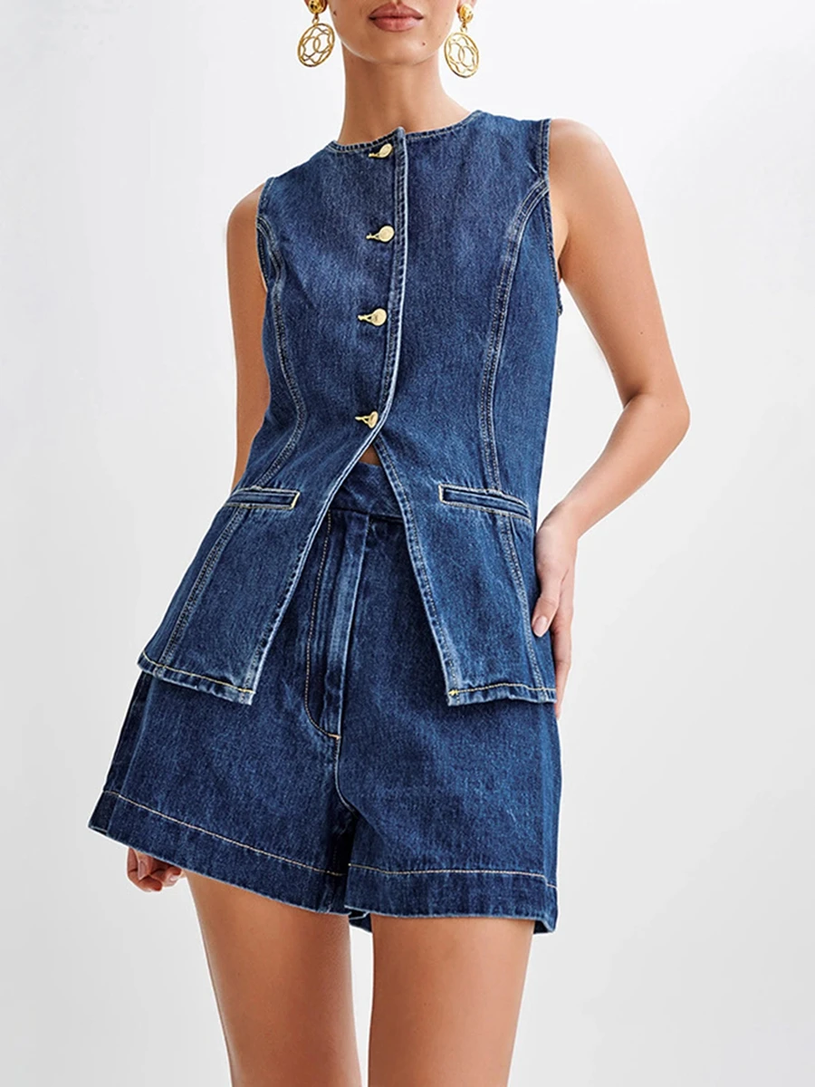 Women\'s 2 Piece Denim Outfits Sleeveless Button Up Tank Tops Solid Color Shorts Sets