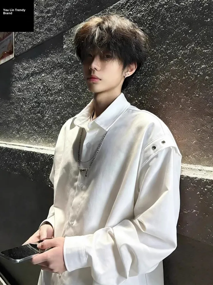 

British Style Long Sleeve White Shirt Men's Fashion Cool Brand Slim Fit Shirt Coat for Hairstylists And Trendy Men