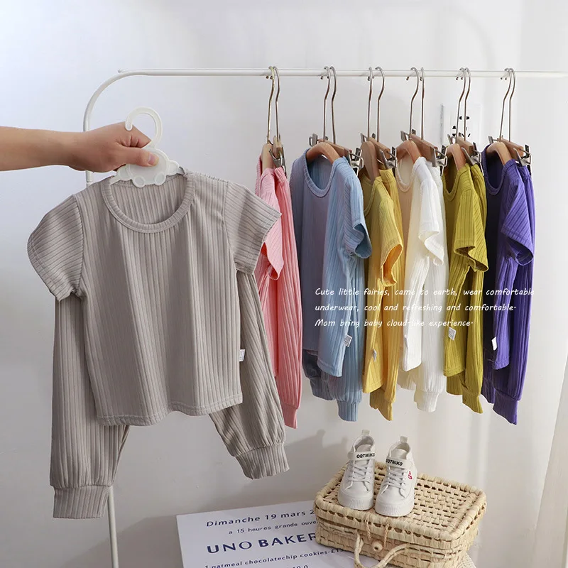 2023 Summer New Children\'s Home Clothes Korean Casual Boys And Girls Baby Solid Color Suit Kids Pajamas Baby 2 Piece Set 0-4 Age