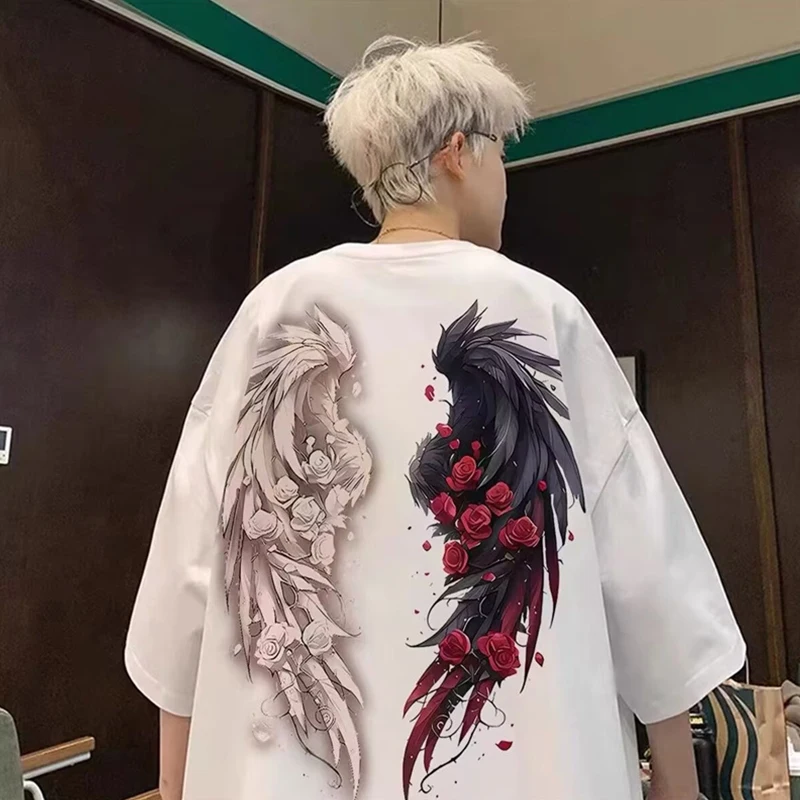 

2025 New Men's Rose Wings Graphic Printed T-Shirts Oversized Cotton Short Sleeve O-Neck Tee Shirts Hip Hop Fashion Y2K Tops