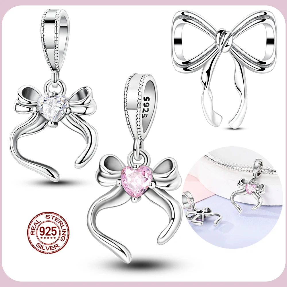 

Fit Original Charms Pink Series 925 Silver Bow Charm Pendent Dangle Bead Bracelet Necklace DIY Women Jewelry Gift