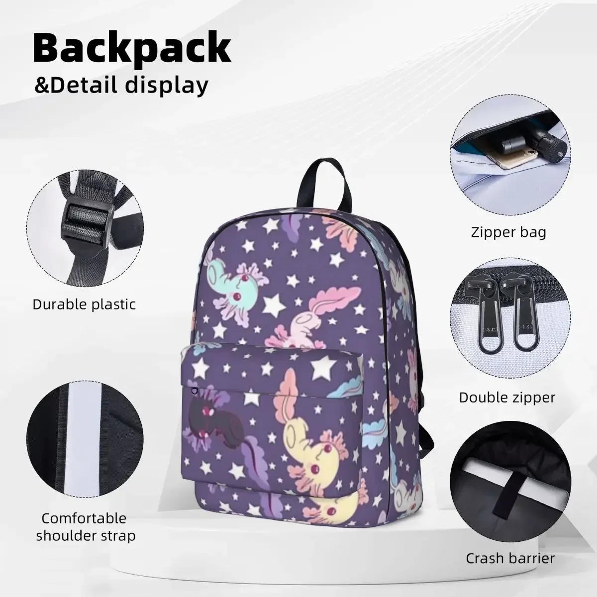 Kawaii Axolotl Pattern Lilac Backpack Fashion Student School Bag Laptop Rucksack Travel Rucksack Large Capacity Bookbag