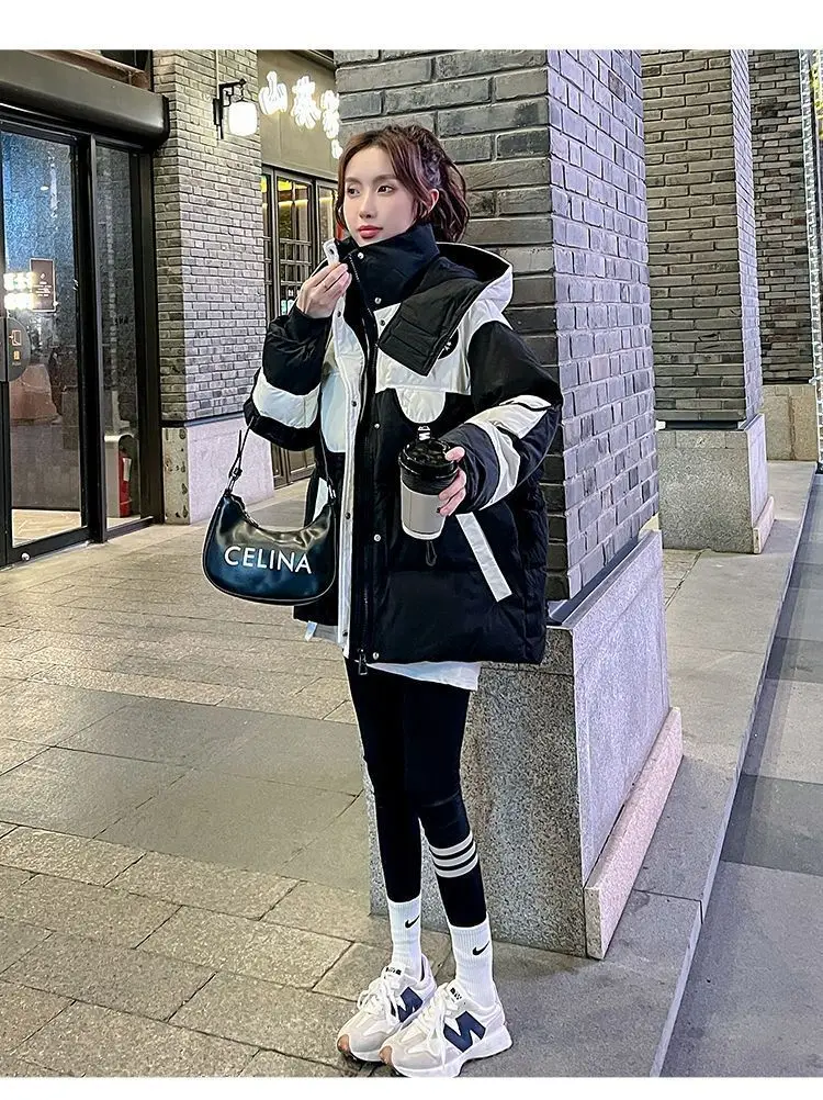 Black Medium long Parker Cotton Jacket Women's Winter 2026 New Korean version Loose Down cotton Splicing Hooded Coat Warm Top