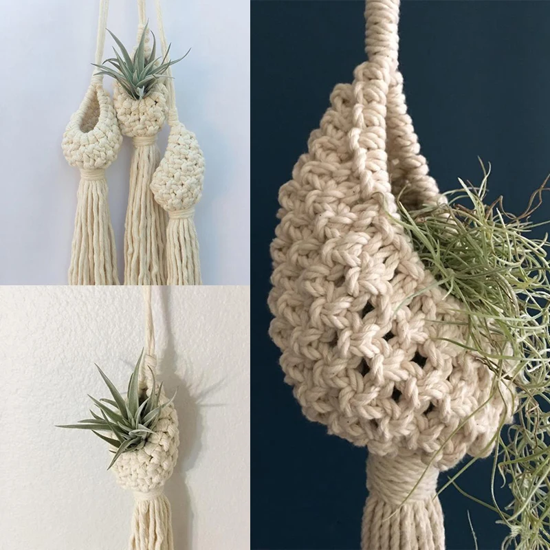 Woven Cotton Hanging Basket Hollow Out Macrame Flower Planter Pineapple Shape Vegetable Fruit Basket Kitchen Garden Storage Sup