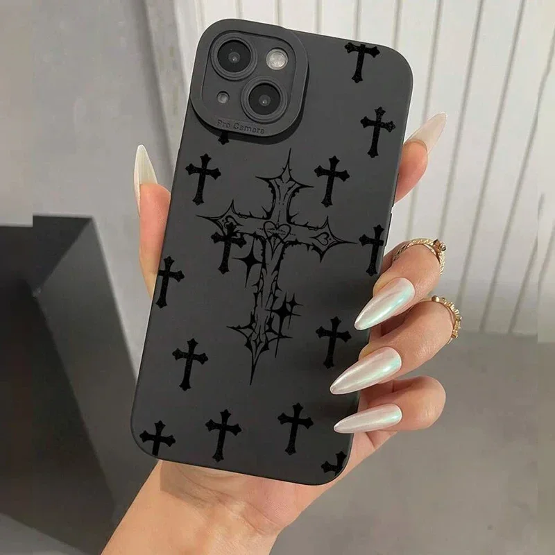Phone Case For iPhone 15 14 11 12 13 Pro Max Mini 7 8 Plus X XR XS Max SE 2020 2022 Black Cross Print Shockproof Soft Cover