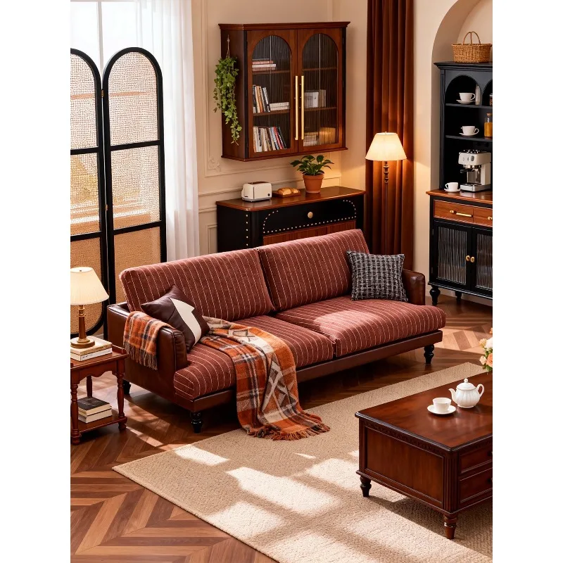 Fabric sofa three-person living room small apartment Maillard style solid wood sofa