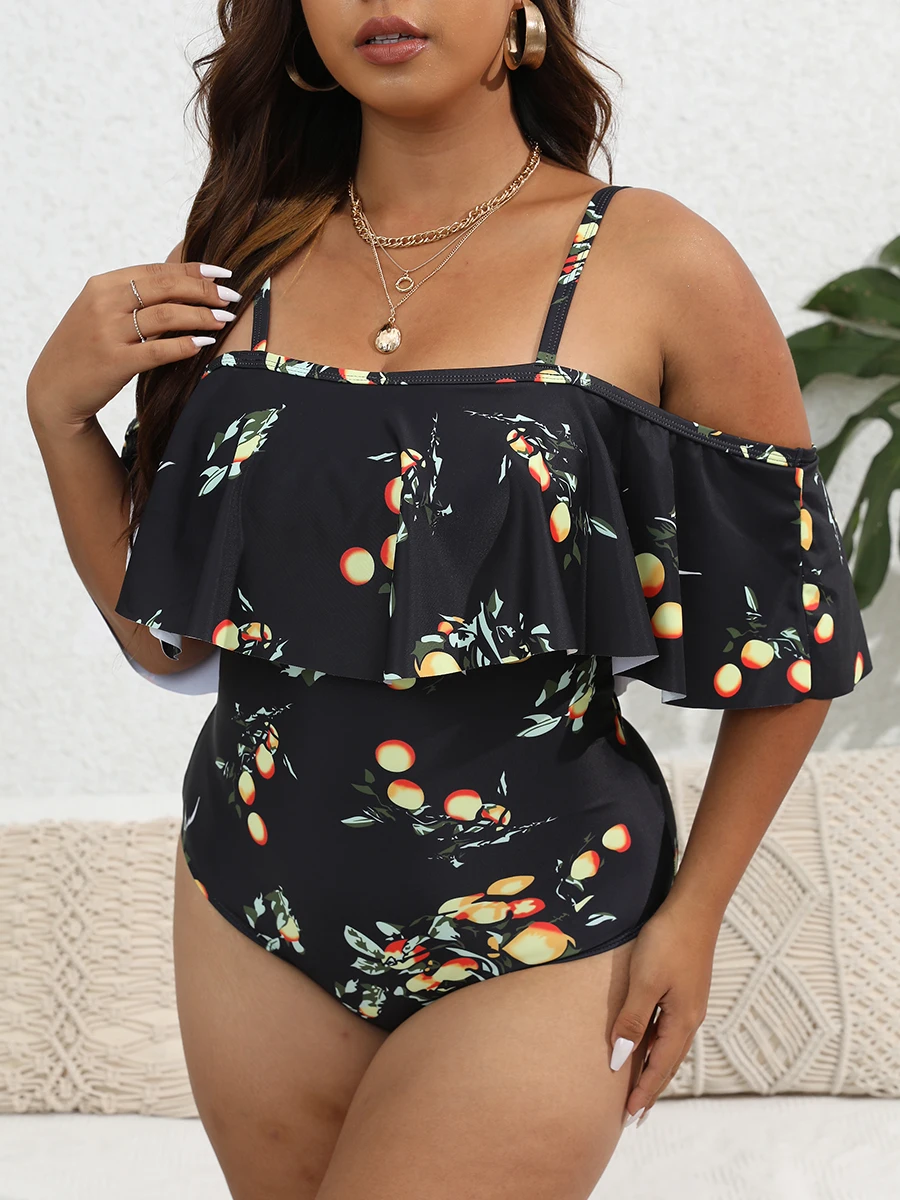 Ruffle Large Plus Size Swimsuit Women One Piece Printed Swimwear Female Bathers Bathing Swimming Swim Suit Beachwear 4XL