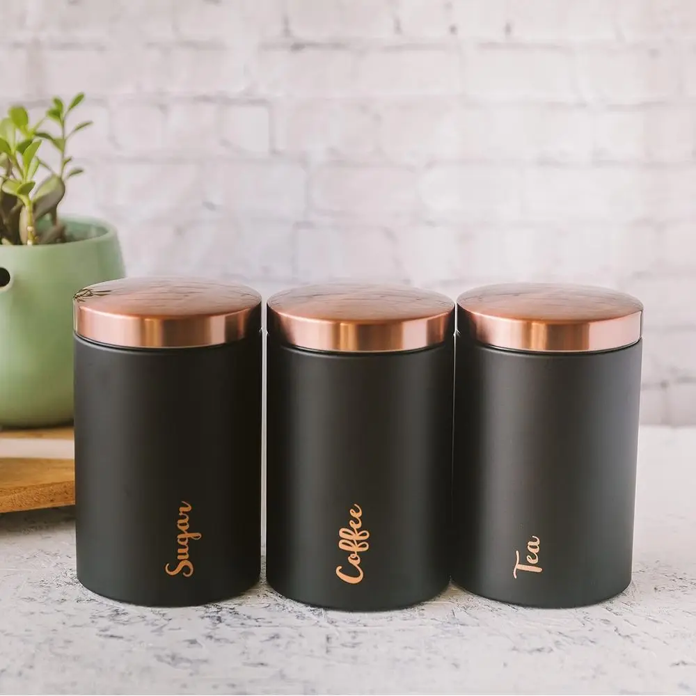 

Airtight Stainless Steel Canister Set of 3 for Sugar, Tea, and Coffee, Black Countertop Storage Containers with Elegant Home Dec
