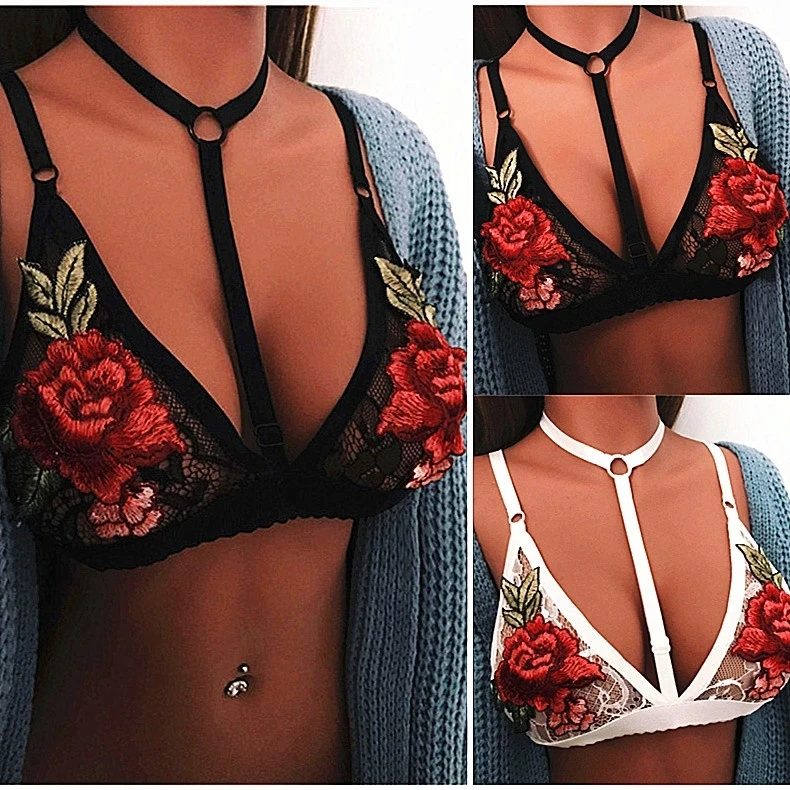 Women New Sexy Hot Lingerie Rose Embroidery Elastic Bandage Cage Bra Crop Top Body Belt Alluring Cage Bra Strappy Bustier