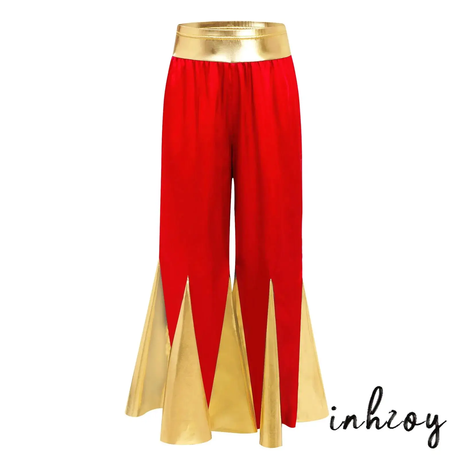 

Girl Liturgical Worship Lyrical Dance Pants Choir Church Costume Shiny Metallic Color Block Bell-Bottomed Pants Modern Dancewear