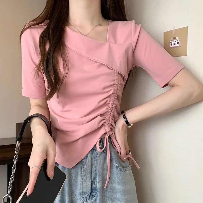 Women Drawstring Tie Up Ruched Tops Lady Daily Office Short Sleeved T-shirts Female Outside Casual Skew Collar Designer Clothes