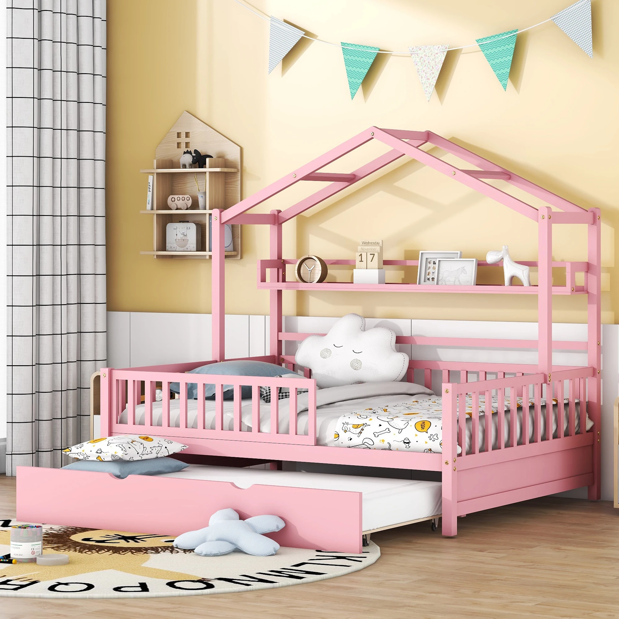 

Wooden Full Size House Bed with Twin Size Trundle, Kids Bed with Shelf, Pink 77.60x57.80x70.90 in.