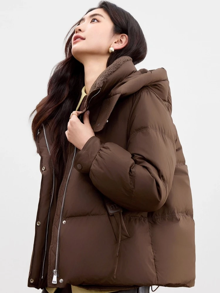 SENTUBILA Damen-Daunenjacken 2025, Winter, Stehkragen, Kapuze, lange Ärmel, Daunenmäntel, solide, lockere Passform, kurze Oberbekleidung W54YE2037