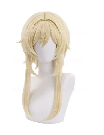 In Sstock Traveller Lumine Cosplay Wig Mid Long Blonde Heat Resistant Synthetic Hair Game Anime Genshin Cosplay Wigs + WigCap