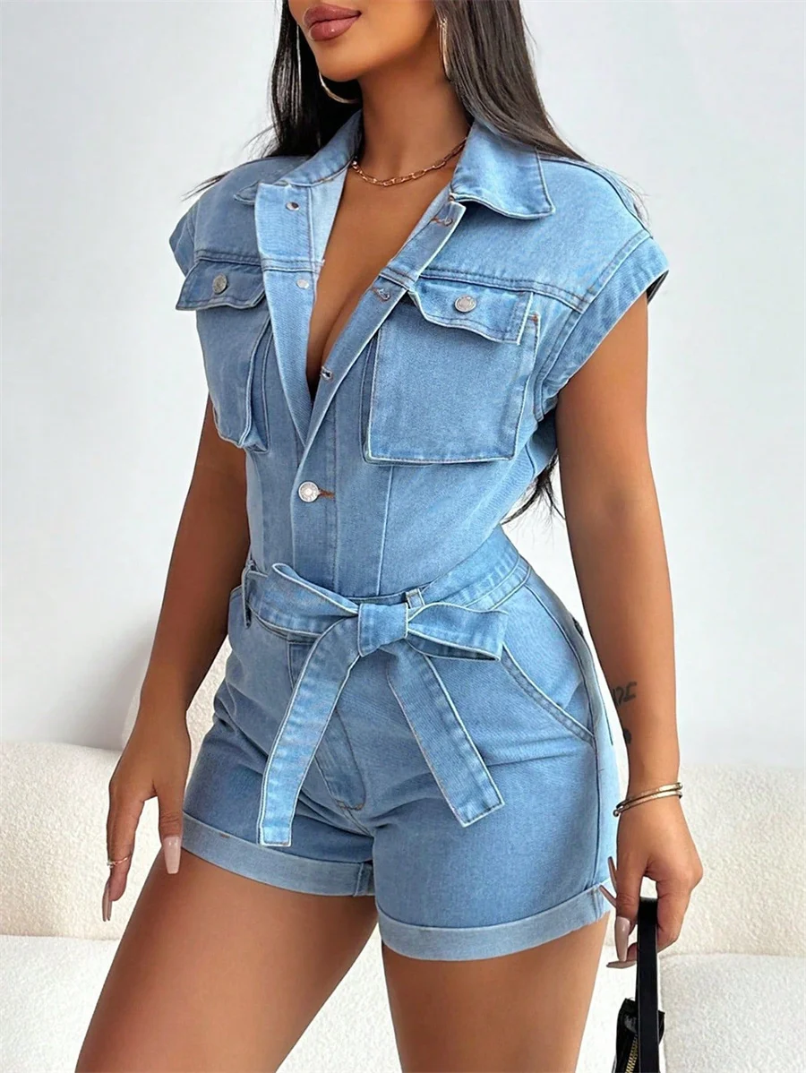 Benuynffy Sleeveless Rolled Hem Belted Denim Jumpsuit Romper Women's New Summer Half Button Pockets Casual Cargo Jean Shorts