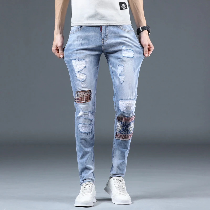 EH·MD® Sew Embroidered Cloth Jeans Men's Summer Worn And Scraped Breathable Pure Cotton Sky Blue Elastic Pencil Pants National 2