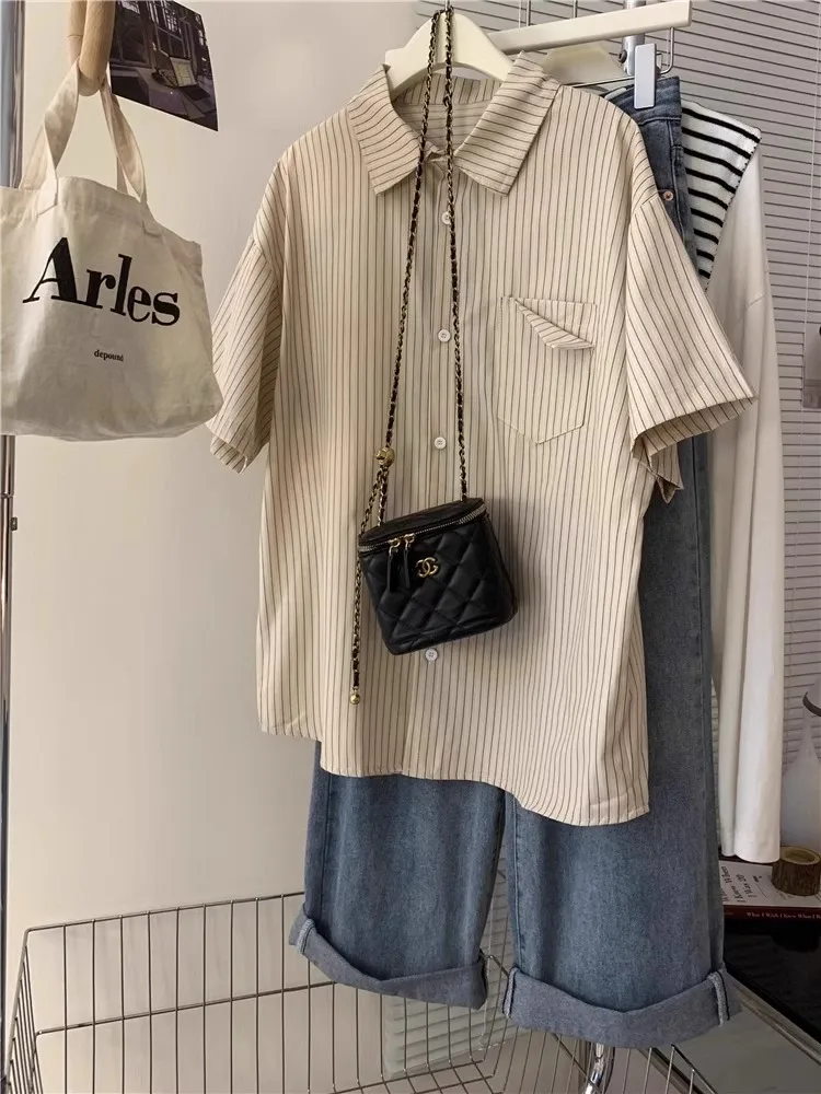 hoado de verano para mujer, ropa de abrigo a rayas de manga corta, estilo informal, csa de marca a la moda para par...