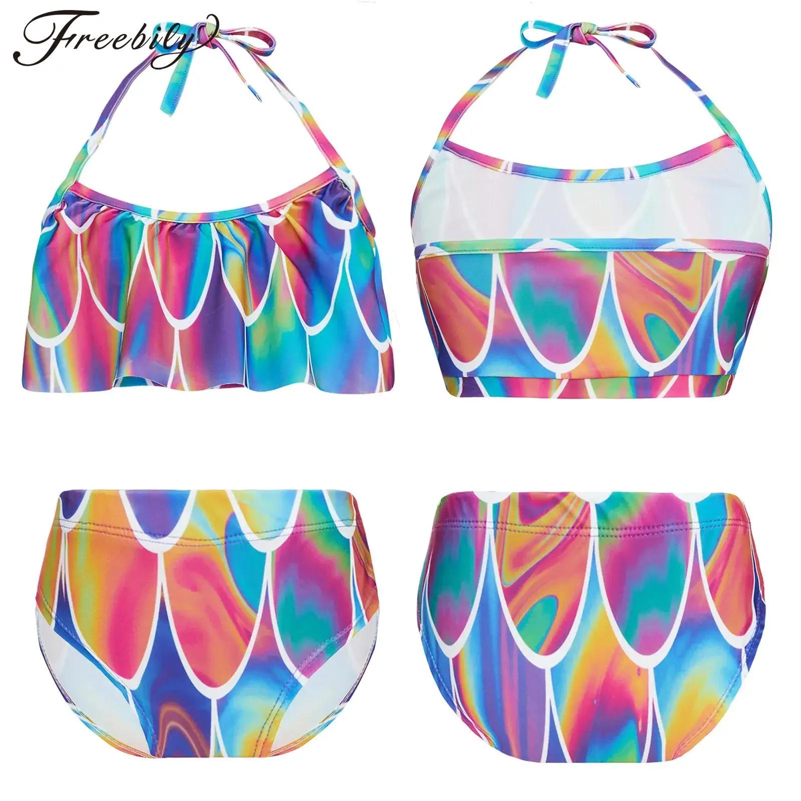 Kids Girls Fish Scales Swimsuit Halter Neck Swim Tops with Briefs Child Mermaid Swimwear Surfing Diving Bathing Suit Beachwear