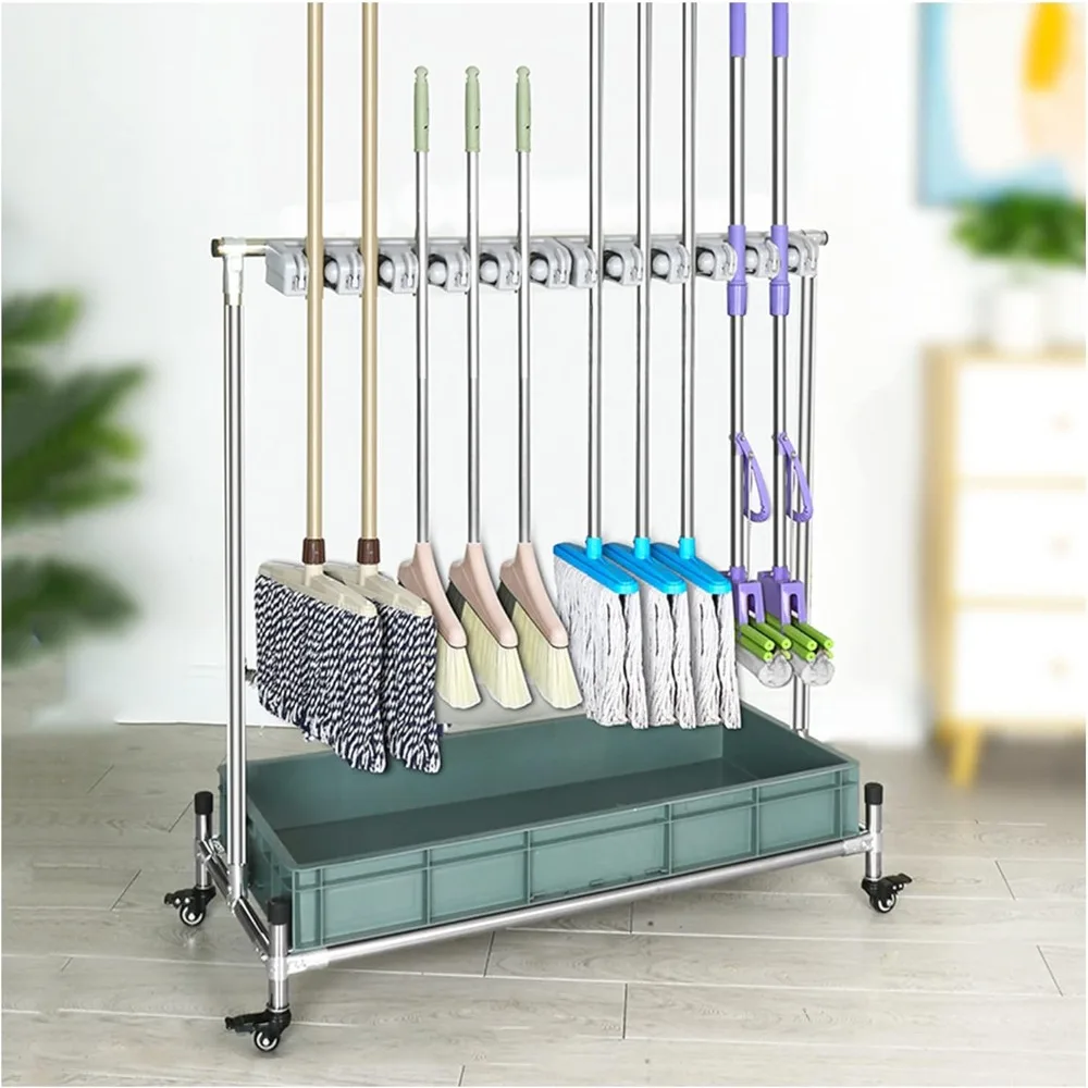 

Portable Floor-Mounted Mop and Broom Rack for Commercial Use, Storage Cart for Cleaning Tools and Umbrellas