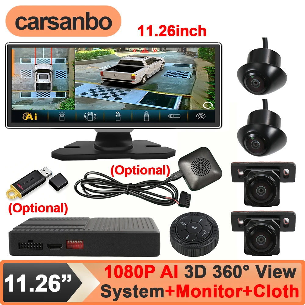 Carsanbo AHD 1080P AI 3D 360 °   Panorama-Autokamera-System mit 11,26 Zoll 2.5D In-Cell Bildschirm/ Debugging-Tuch/ Buzzer