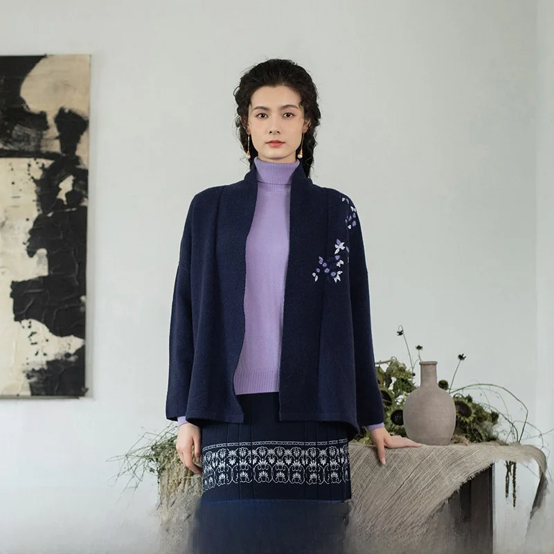 

Women's Loose Knitted Open Cardigan Jaet Autumn Winter New Vintage Embroidered Outerwear Faionable Plant Floral Pattern