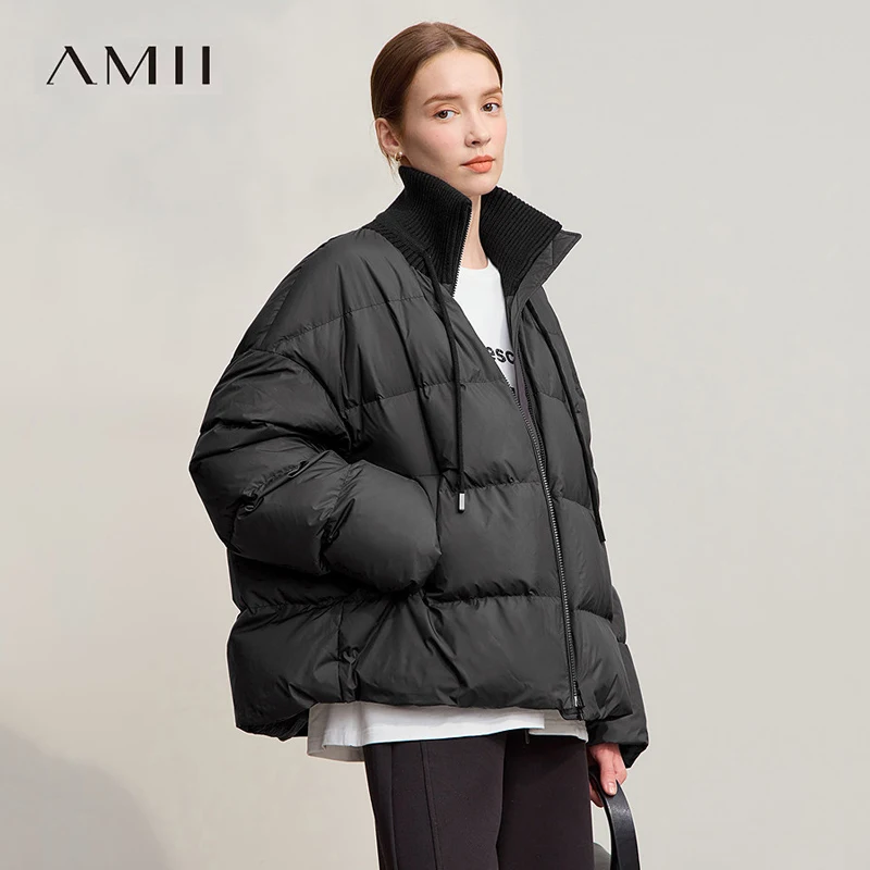 AMII Down Coats 2026 Winter Casual Solid Versatile Turtleneck Down Jacket For Woman Zipper Long Sleeve Loose Warm Coat 12514001