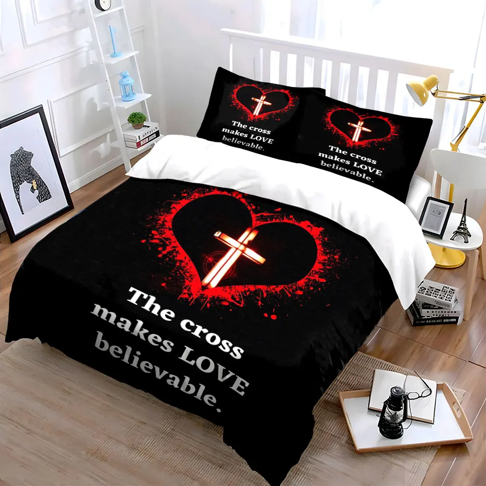 

Christian Cross print Three-Piece Set Decoration Multiple sizes kid's and adults' bedroom Exquisite 3PC bedding set, gift