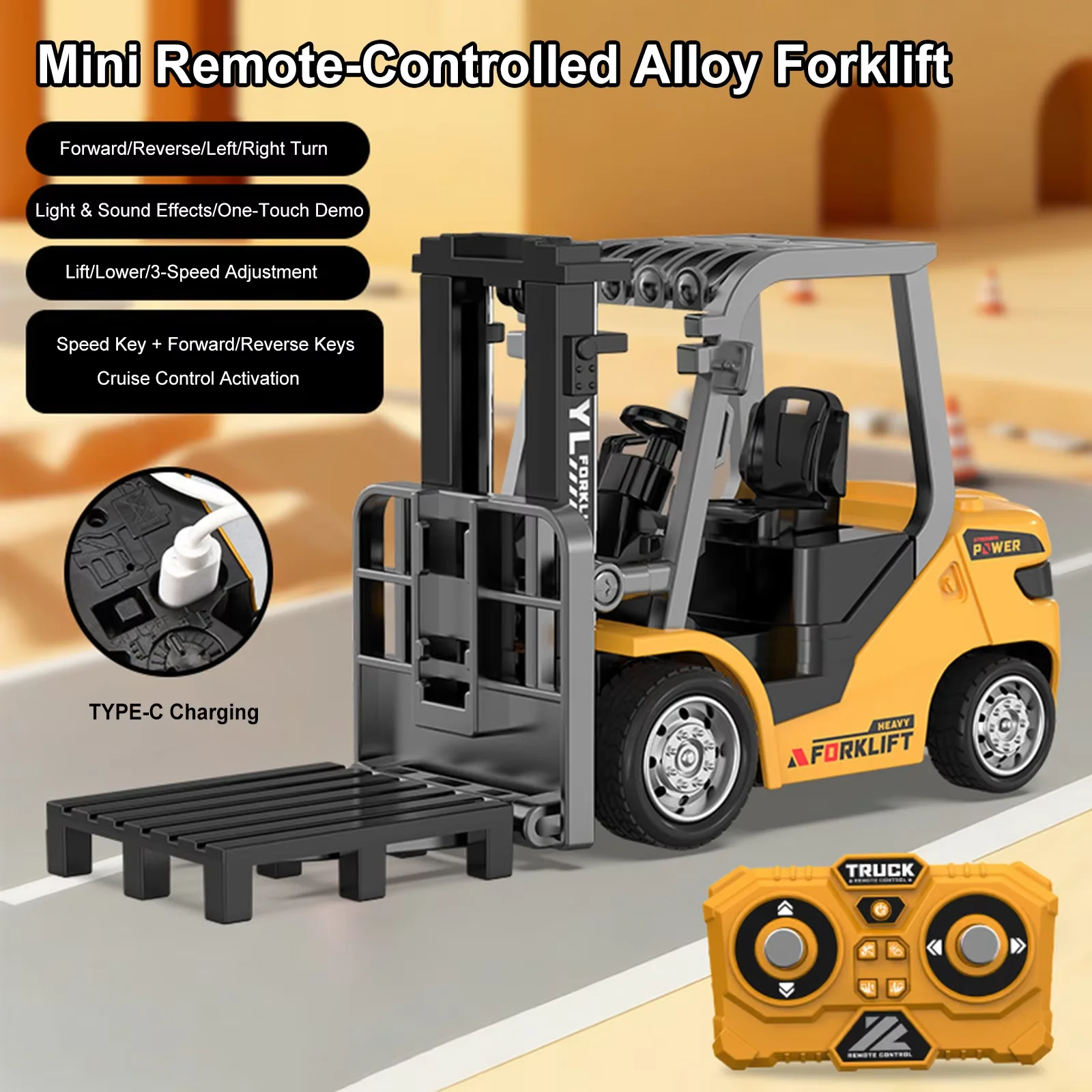 1:64 Remote Control Mini Rc Car Forklift Truck Desktop Alloy Simulation Engineering Vehicle Sound Emulation Children'S Toys
