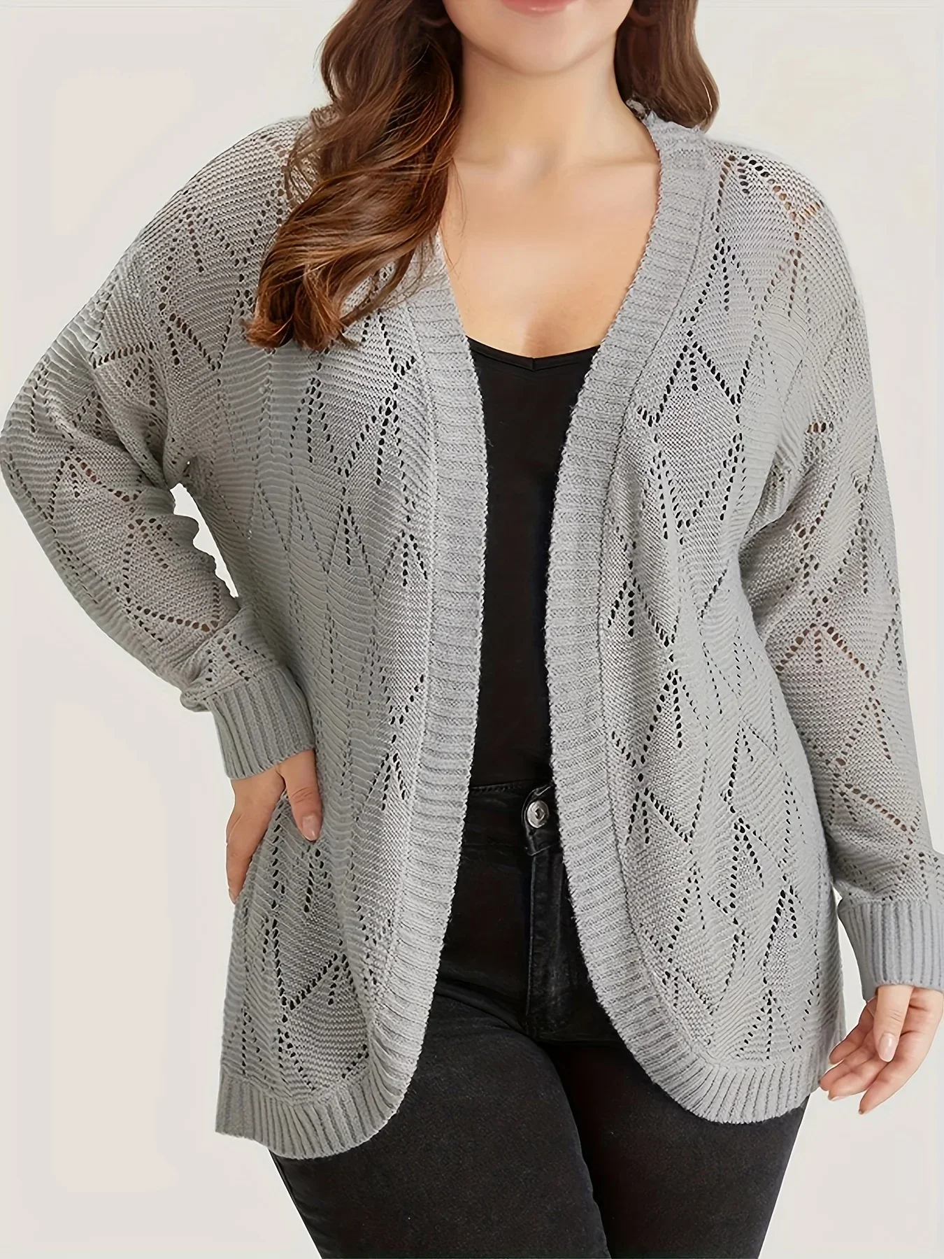 Plus Size Women\'s Solid Hollow Out Open Front Cardigan