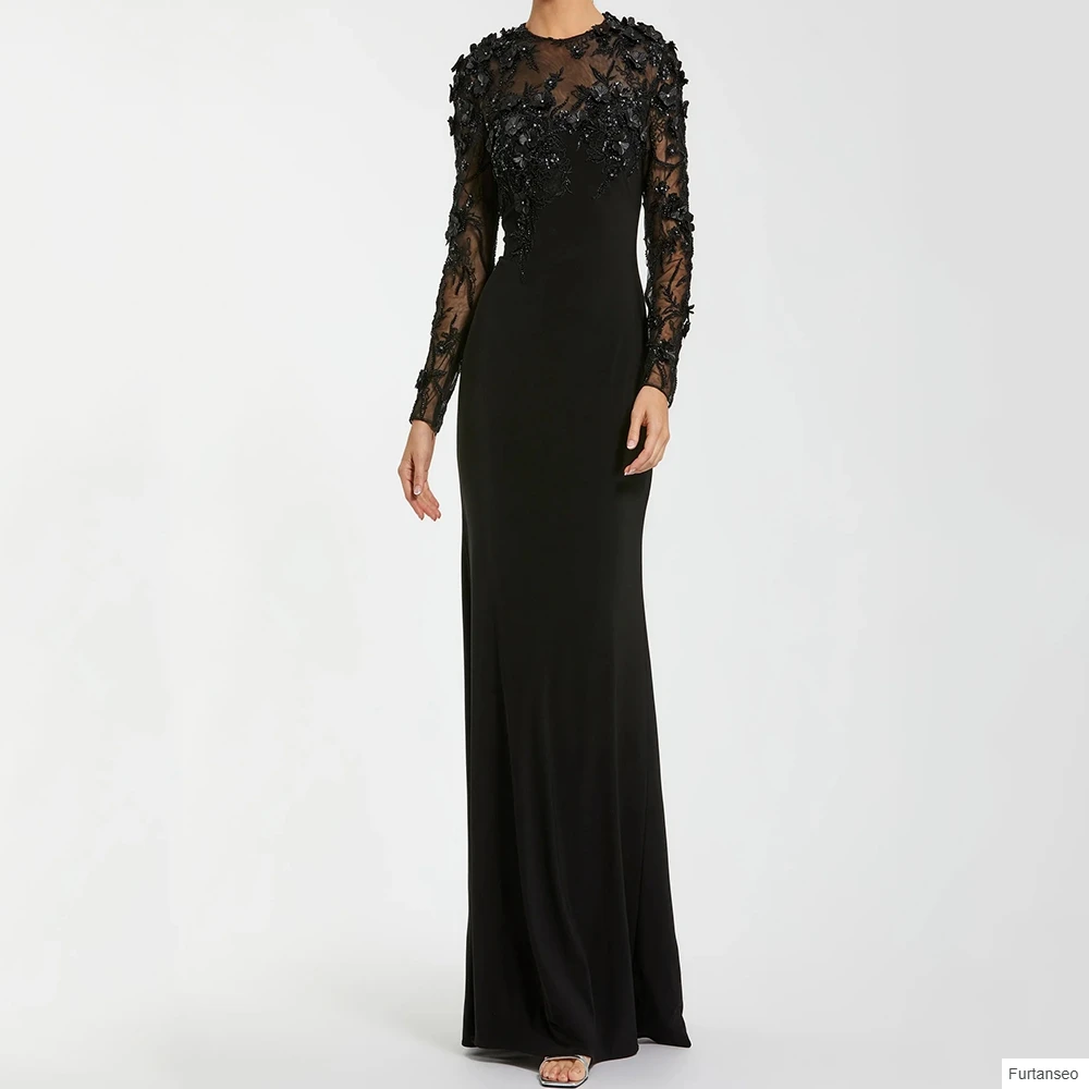 

Customized A-line Evening Dresses Floor-length O-neck Full Sleeve Prom Gown Fashion Sequined Flowers Simple Draped Party Gown