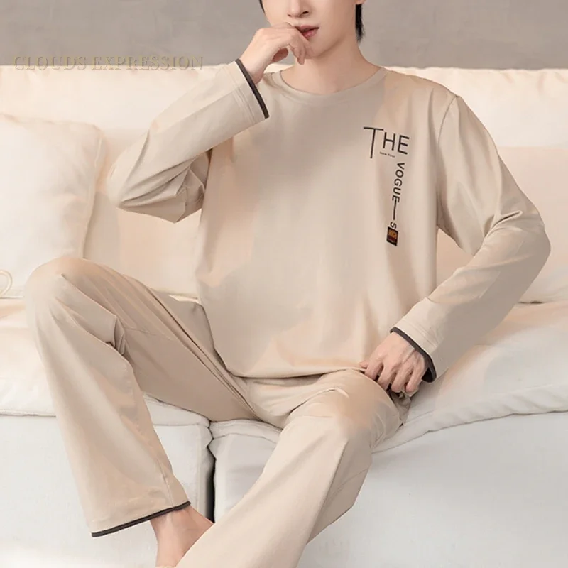 Spring Autumn Knitted Cotton Long Sleeved Men\'s Pajamas Sets Male Pajama Set Letter Pajama For Men Sleepwear Suit Homewear 3XL