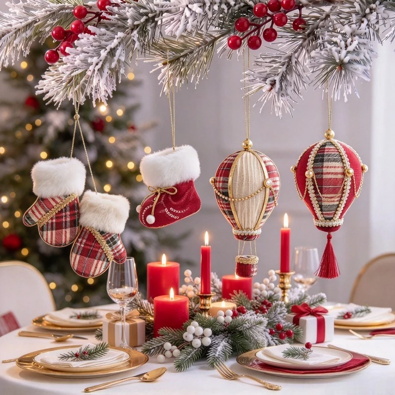 4PCS Christmas Ornament Pendant Foam Fabric Wrapped Christmas Ornament Hot Air Balloon Glove Small Drum Shape Hanging Decor