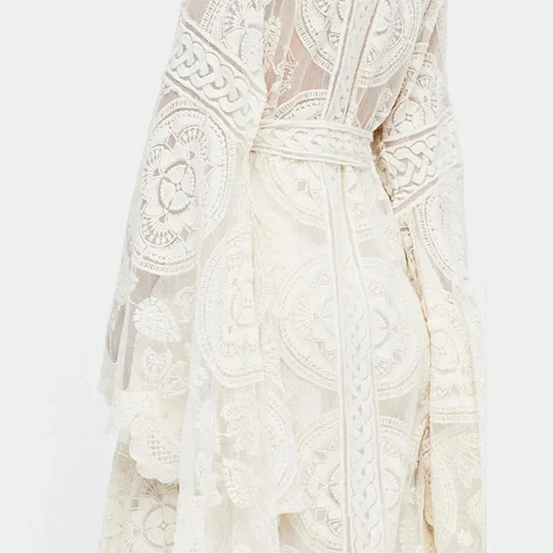 ماكسي بوهو كيمونو قفطان يغطي ثوب رداء المرأة شير الدانتيل الكروشيه التفاف فستان الشاطئ الأبيض طويل مفتوح الجبهة سترة ل ZT2440