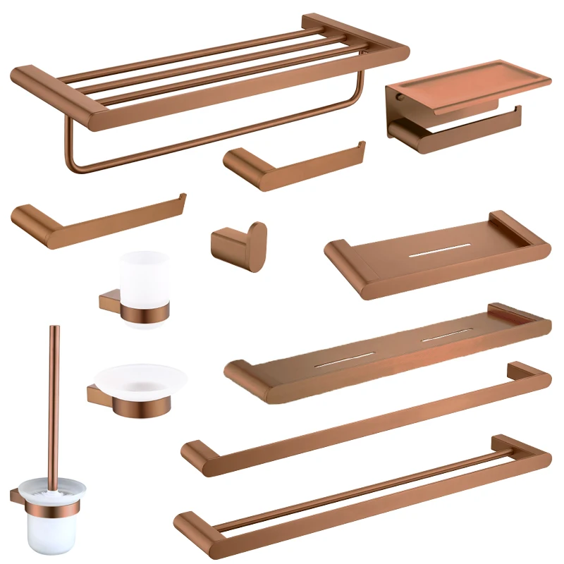 Rose Gold Bathroom Accessories Set Wall Mount Shelf Toilet Bath Hardware Paper Holder Towel Bar Rack Rail Rod Robe Hook Hanger