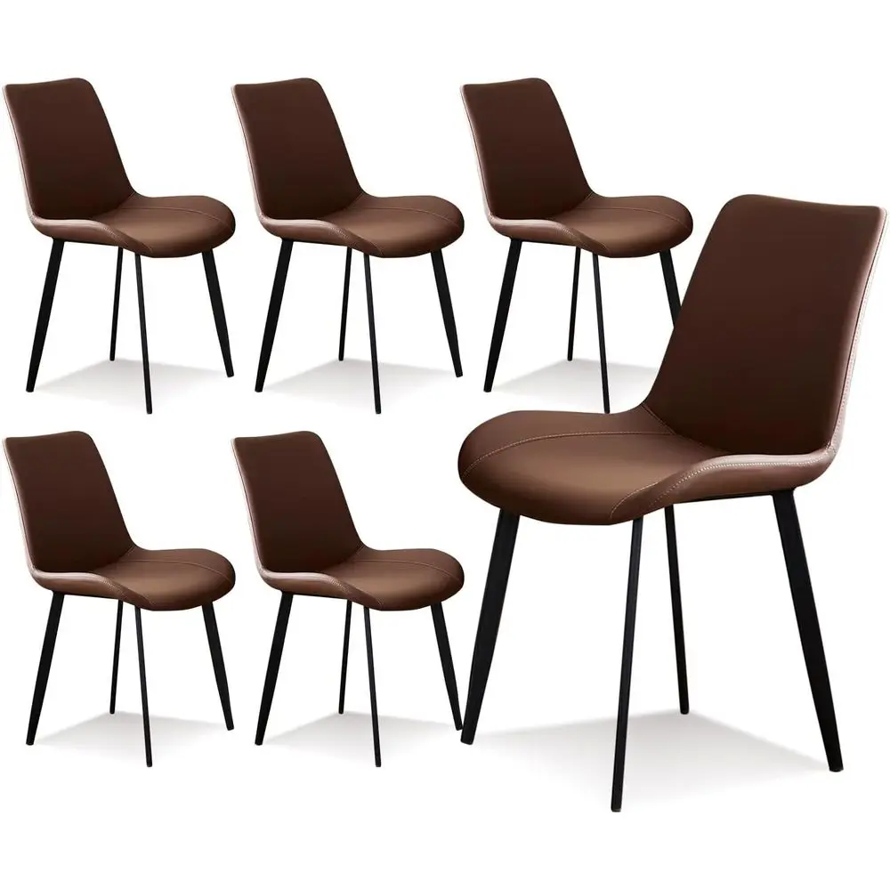 

Set of 6 Brown Leather Dining Chairs with Metal Legs for Kitchen, Dining Room, Living Room, and Bedroom