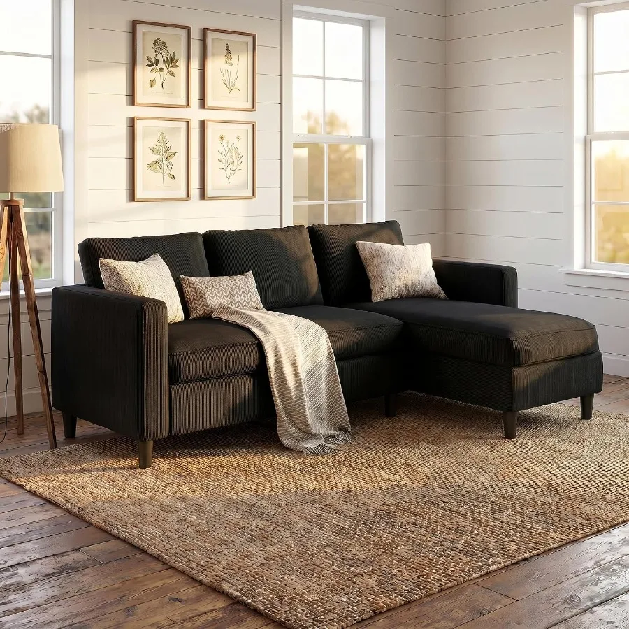 L-Shaped Sectional Sofa for Living Room Apartment, Ribbed Fabric, Matte Black, Compact and Comfy with Reversible Ottoman