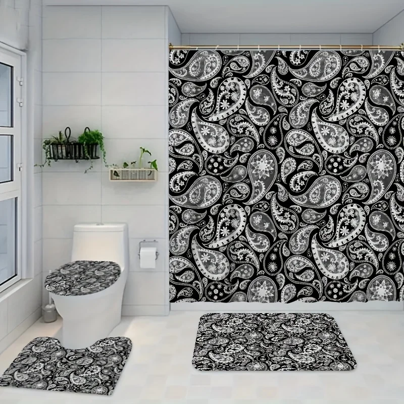 

4 шт. черно-белый набор для ванной комнаты с узором пейсли, этнический цветочный узор кешью, занавеска для душа с 12 крючками, коврик для унитаза из 3 предметов