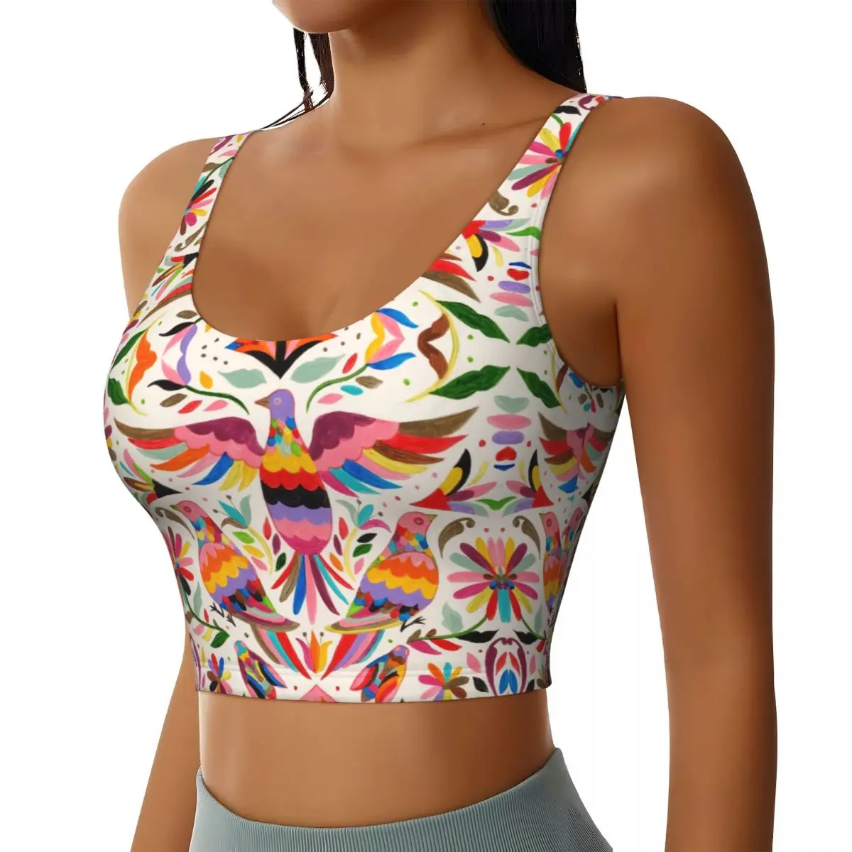 Sutiãs esportivos de moda personalizados para mulheres, textura mexicana Otomi Birds, alto impacto, arte floral popular, treino sem costura executando tops de tanques de colheita