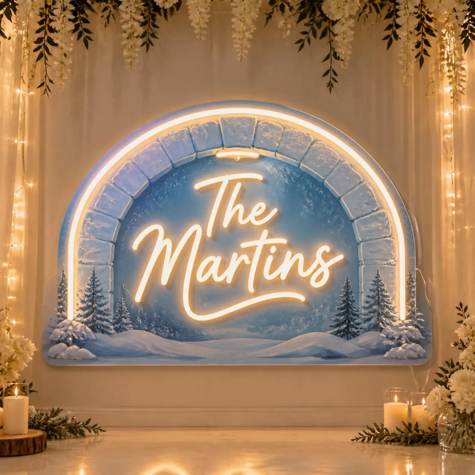 Custom Winter Wedding Neon Sign,Personalized Last Name Arch With Blue White Snow Scene,Sweetheart Table And Reception Backdrop