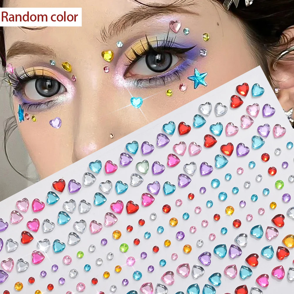 

1sheet Y2K Heart Square Round Shape Makeup Tattoo Decals Bright Glitter Face Crystals Stickers For Women Music Party Face Sticke